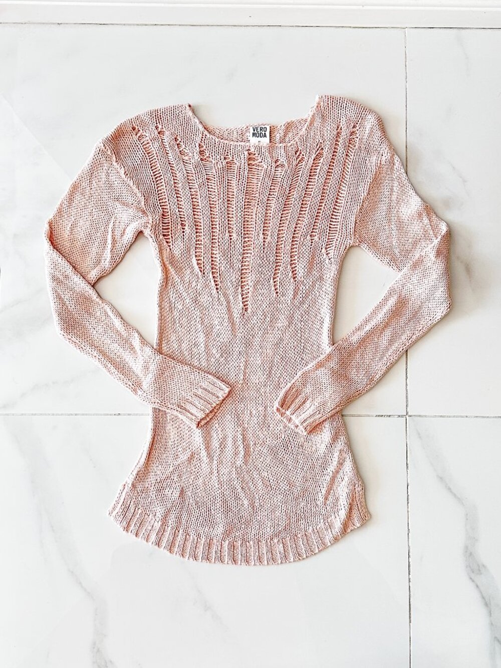 VERO MODA Dusty Pastel Pink Open Knit Long Sleeve Crew Neck Sweater Size XS Y2K